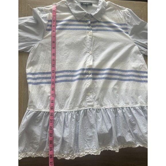 DKNY Donna Karan Striped Blouse sz L Ruffle Hem Pointed Collar Long Sleeve Work - Picture 9 of 9